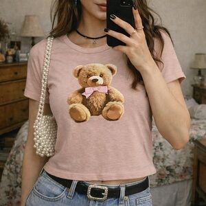 Kandy Kiss Pink Teddy Bear Graphic Tee Small Y2K Cute T-Shirt